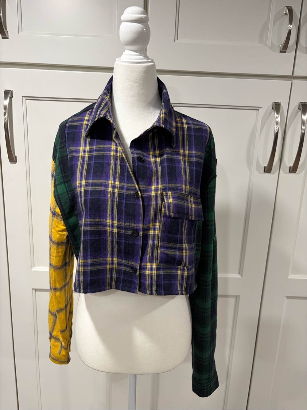 AKIRA Cropped Plaid Bomber Jacket in Purple, Yellow & Green